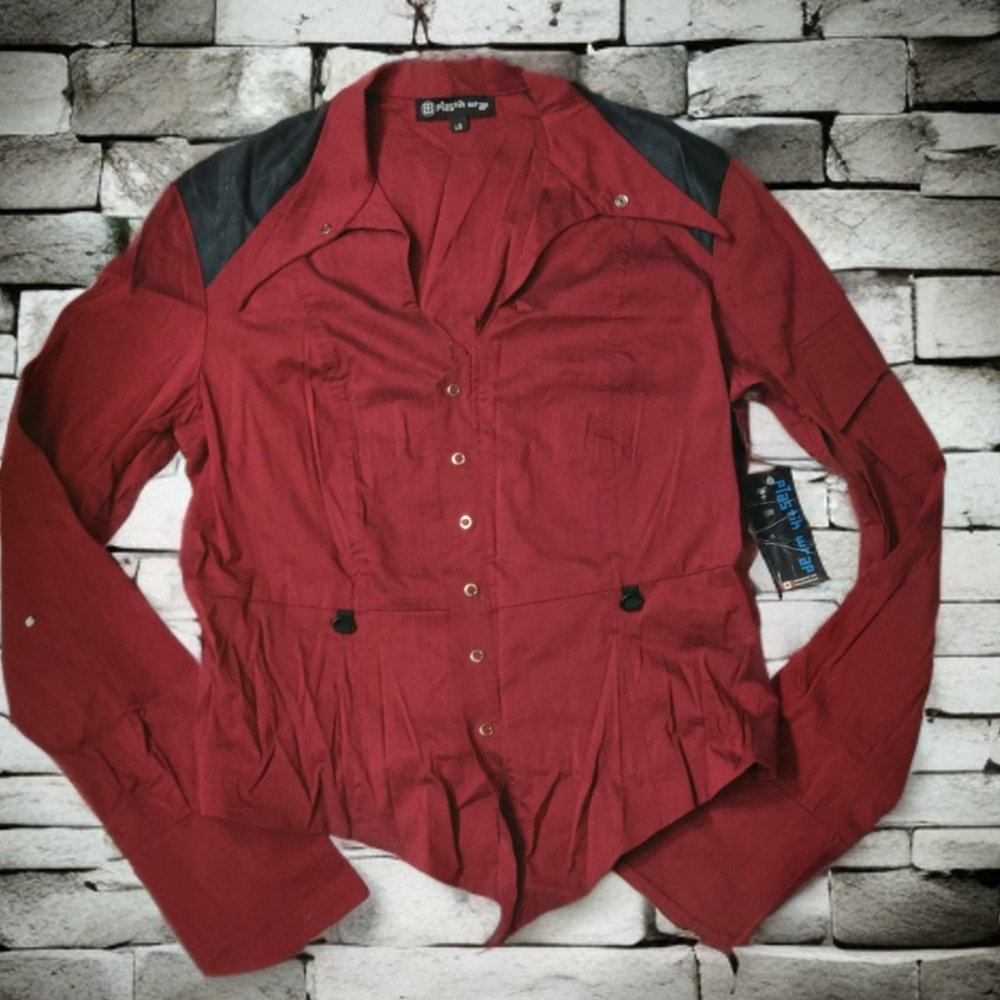 Vintage Hot Topic Plastic Wrap Burgundy and Black Blouse.